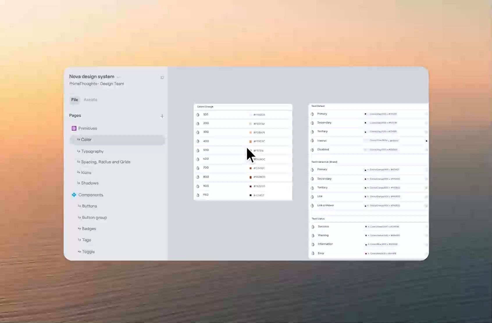 Nova design system file showing colour primitives and semantic colour tokens, over a blurred sunset sea